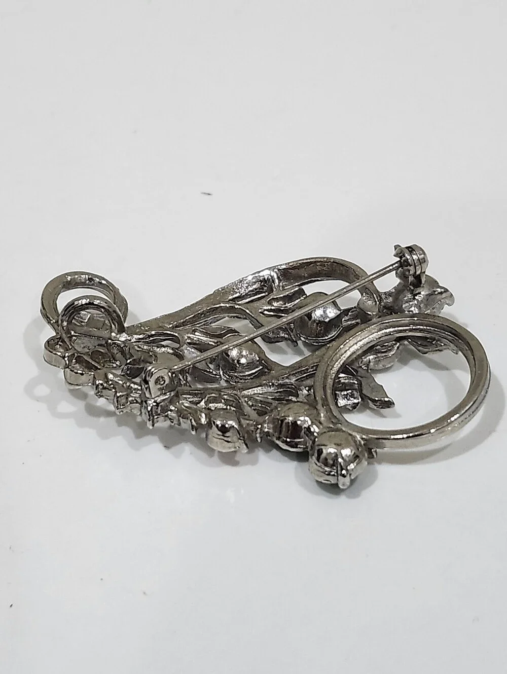 Vintage Flower Bouquet Brooch & Pendant Combo Silver Tone With Rhinestones MCM